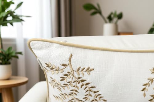 VAGMINE Embroidered Fern Leaf 18x18 Throw Pillow Cover, Ivory - color: Ivory-leaves, size: 18" x 18" (Pack of 1)