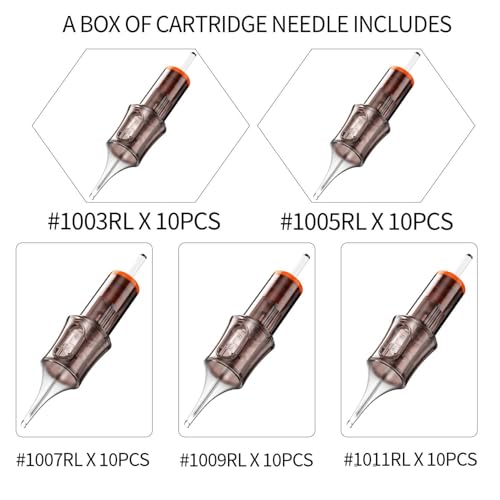 50 Assorted Tattoo Cartridge Needles Mixed Size #10RL Bugpin Round Liner - 10 pcs each of 3RL 5RL 7RL 9RL 11RL Pro Disposable Membrane Assorted Tattoo Needles - size: 50Pcs-10RL Mixed