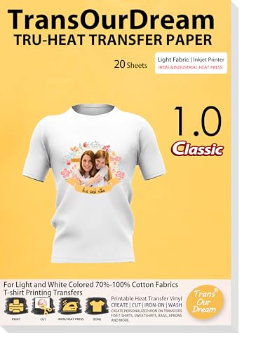 TransOurDream Heat Transfer Paper for T Shirts (20 Sheets, 8.5x11") Printable Heat Transfer Vinyl for Inkjet Printer Iron on Transfers for Light & White Fabrics (Trans-1) - color: Light, size: 20 Sheets