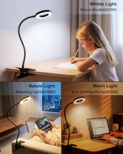 Clip‑On Book Light 5W Desk Lamp, USB Powered Reading Light for Bed - color: Black