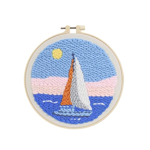 Sailboat Punch Needle Kit for Beginners - 8 Inch DIY Embroidery Starter Set with Pre-Printed Fabric, Hoop, Yarn & Tools - Adult Crochet Craft Gift for Home Wall Decor - color: BLUE-SAIL