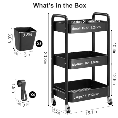 3 Tier Rolling Cart Metal with Wheels,Black Three Tiered Art Cart Organizer - color: Matte Black, size: 3 Tier + Cups + Hooks