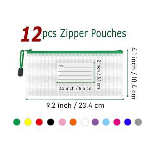 Plastic Mesh Zipper Pouch, 12Pcs Zipper File Bags with Label Pocket, Game Boards Storage Bags, Waterproof Document Storage Bags for Office Home Travel (Receipt Size 9.2x4.1 in) - size: 9.2x4.1 in
