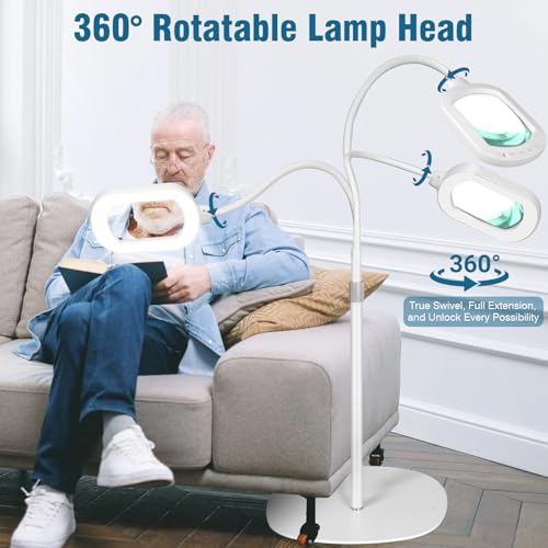 Large Magnifying Glass with Light and Stand, 15X Rectangle Optical Real Glass Lens, Height Adjustable Gooseneck Magnifier Floor Lamp, 5 Color Modes LED Dimmable Lighted Hands Free for Crafts - White - color: White