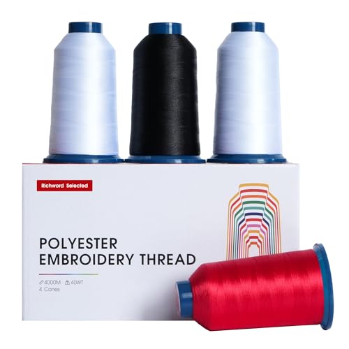 Poolin Embroidery Thread, 2White+1Black+1Red, Huge Spool Richword Selected 4 Rolls 4000M(4374Y) 40WT Polyester Thread for All Embroidery Machines Embroidery Machines - color: 2White+1Black+1Red
