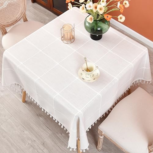 Plaid Farmhouse Tablecloth Checkered Cotton Linen Heavy Weight Table Covers Square 70x70 Inch - color: Off-white, size: 70" x 70" (Square)