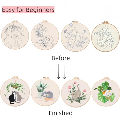 Mozzyyee 4pcs Cat Embroidery Kits for Beginners, DIY Adult Beginner Embroidery Sets with Instructions, 2 Plastic Embroidery Hoops,Scissor, Threads and Needles (Grey Cats) - color: Grey Cats