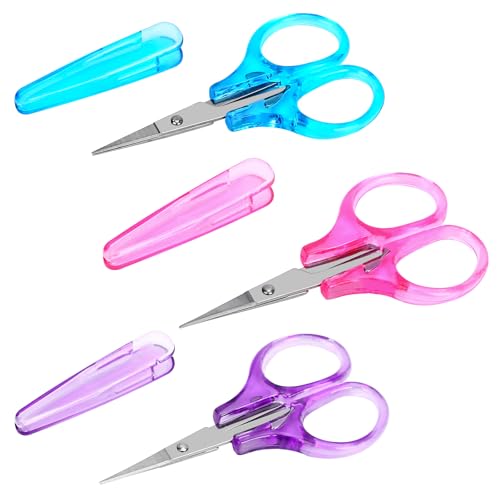 3Pcs Small Craft Scissors 3.4"Tiny Travel Scissor Mini Craft Scissors Set All Purpose Stainless Steel with Protective Cover Fine Tips Design for Paper Cutting Scrapbooking Crochet(Pink Purple Blue)