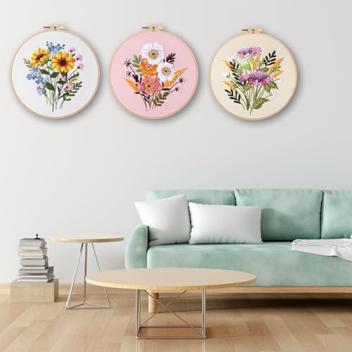 Ohcol 3 Sets Embroidery Kit for Beginners Cross Stitch Kits Needlepoint Kits Crafts for Adults with 3 Embroidery Hoops Easy-to-Follow Operating Instructions,Needle Point Kits with Flowers Patterns - color: Flowers (3 Patterns, 3 Hoops + Extas)