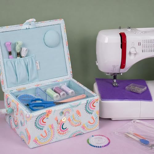 Hobby Gift Medium Sewing Box Organiser, Fabric Covered Storage Box with Handle, Internal Tray, Pin Cushion and Pocket for Sewing, Quilting and Knitting Supplies - color: Rainbow