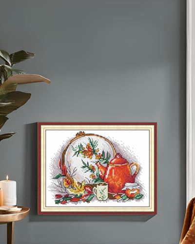 CaptainCrafts Counted Cross Stitch Kits for Adults Tea Pattern - color: Cross Stitch and Afternoon Tea in Autumn, style: Counted 14CT