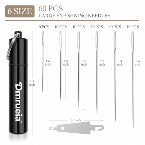 Dmrueia 60 Pcs Large Eye Embroidery Needles, 6 Sizes Hand Sewing Needles, Quilting Needles with Aluminum Tube, Sharp Needles for Art Crafts.