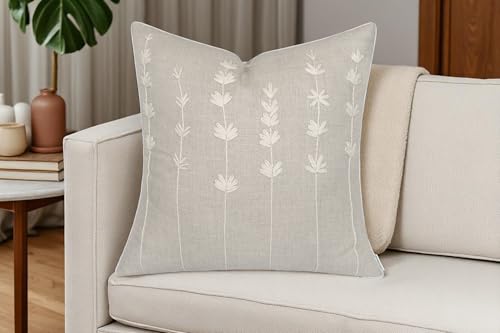 VAGMINE Embroidered Wildflower 18x18 Throw Pillow Cover, Natural - color: Natural-daisy, size: 18" x 18" (Pack of 1)