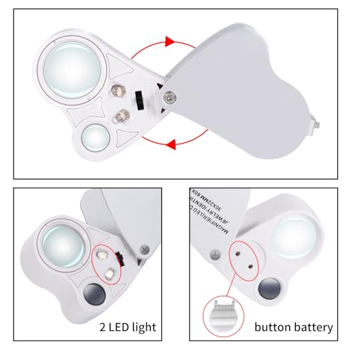 Jiusion 30X 60X Portable LED Lighted Jewelry Magnifier Dual Lens Eye Loupe - color: White, size: Single Pack