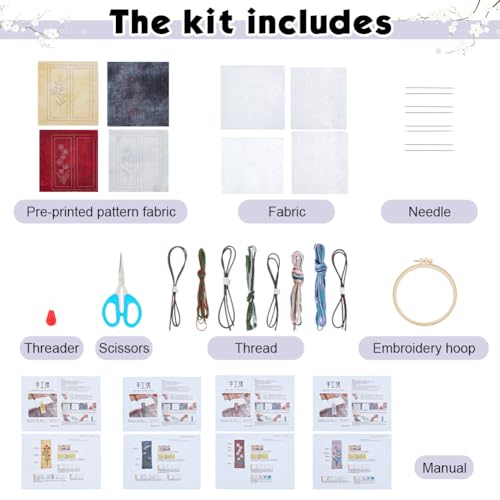 FREEBLOSS 4 Set Embroidery Bookmark Kit Flowers Embroidery Kit for Beginners with Instructions Embroidered Bookmark DIY Hand Embroidery Kit Embroidered Bookmark Kit Cross Stitch Kit