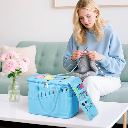 LOVEGRASS Large Crochet Yarn Knitting Bag with Handles, Blue