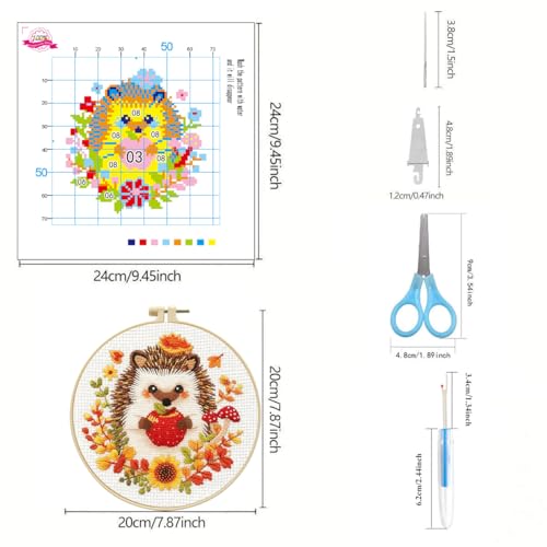 Zhenqing Autumn Animals Cross Stitch Kit - 4-Piece Set with Pre-Printed 11CT 24x24cm Fabric, Hoop & Tools, Fall Theme Animal Designs for Beginners (70412) - color: 70412