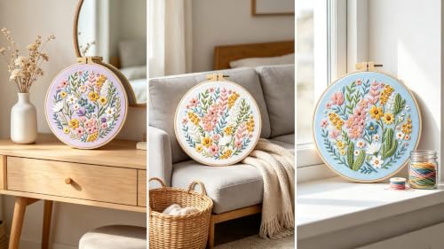 Konrisa Blossoms Embroidery Kit for Adults Beginners, Floral Stamped Embroidery Starter Kit DIY Sewing Practice, Needlepoint Cross Stitch Set of 3 - color: flowers03