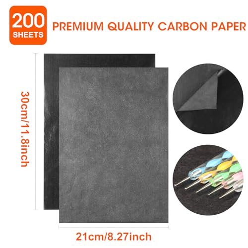 200 Sheets Carbon Paper Black Graphite Paper Transfer Tracing Paper and 5 Pieces Ball Embossing Styluses for DIY Woodworking, Paper, Canvas and Other Art Craft Surfaces - color: Black