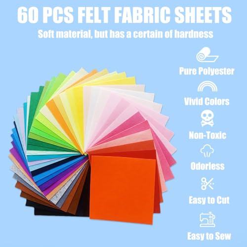 60 PCS Felt Fabric Sheets Craft Kit, Thick Nonwoven Felt, for Crafts