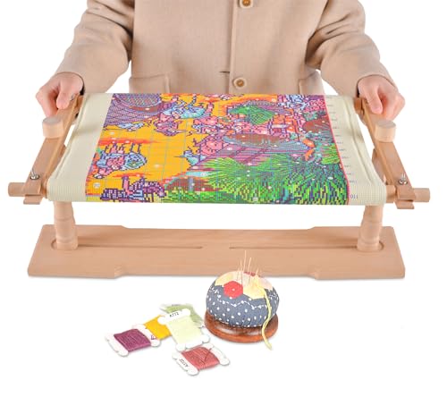 Rotated Table Embroidery Frame Stand - Adjustable Cross Stitch Scroll Frame, Beech Wood Quilting Frame Needlepoint Holder Stretch Bar for Stitching Sewing Craft