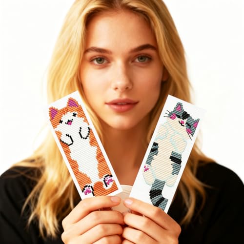 ORIGACH 6 Set Vivid Cute Cat Cross Stitch Bookmark Kit for Beginner - style: Cat