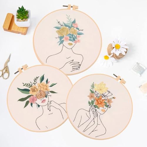 EOBTAIN 3 Pcs Embroidery Kit for Beginners Adults Boho Floral Hand Stamped Embroidery Satrter Kits DIY Cross Stitch Kits with Embroidery Hoop,Needles and Threads,Gifts for Woman at Home Embroidery Kit - color: Girl