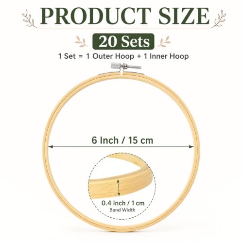 EATHEATY 20 Sets 6 Inch Bamboo Embroidery Hoops for Cross Stitch