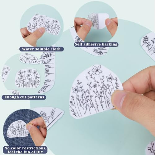 CRASPIRE 2 Sheets Flowers Grass Water Soluble Embroidery Patterns Stabilizers Hand Sewing Stick and Stitch Transfers Fabric Wash Away Pre-Printed Self Adhesive for Bags Cloth Sewing Lovers - style: 2 Sheets Flowers Grass