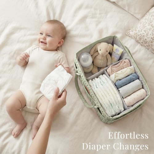 Konssy Baby Diaper Caddy Organizer, Braided Quilted Design with PU Handles - color: Fog Green