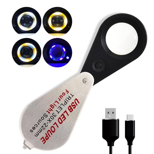 Rechargeable 30x Jewelers loupe with Light and Four Types of Light, 22mm Triplet Lens Pocket Foldable Eye Loop Magnifier Jewelry Coins Magnifying Glass for Gemstone, Diamond, Stamps, Watches, Plants - size: 30x Silver