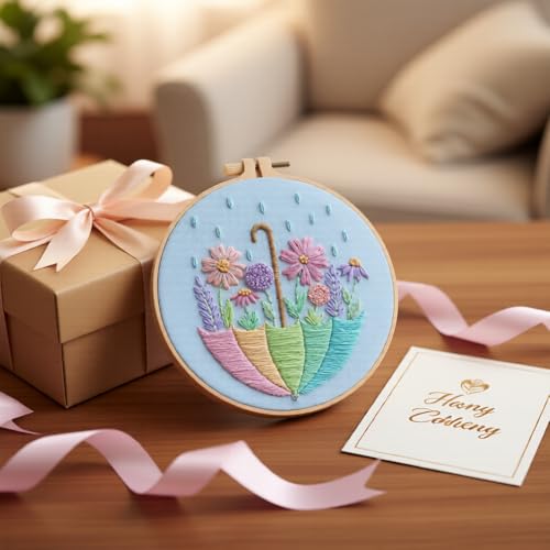 JJFox Embroidery Kit for Beginners and Adults, DIY Hand Embroidery Starter Kit with Cute Pattern, Cross Stitch Needlepoint Set with Hoop, Threads and Instructions (Flower-3) - color: Flower-3