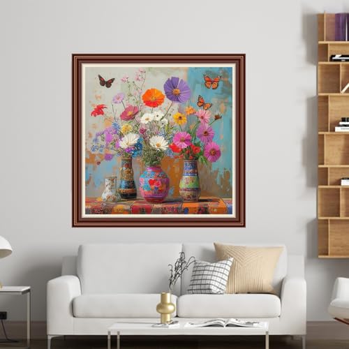 Dimensean Counted Cross Stitch Kit for Beginners, 11CT Unprinted Cross-Stitch Kit Easy Patterns Needlepoint Kit Cross Stitching Embroidery Kit Supplies-Colorful Flower vase on Table 18x18 inch - color: DIYColor16