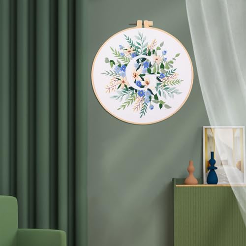 IUHUI Embroidery Kit for Beginners Adults - 26 Floral Letters Easy Patterns, DIY Hand Stitching Embroidery Set with Hoop (Flower and Grass Letter G) - color: Flower and Grass Letter G