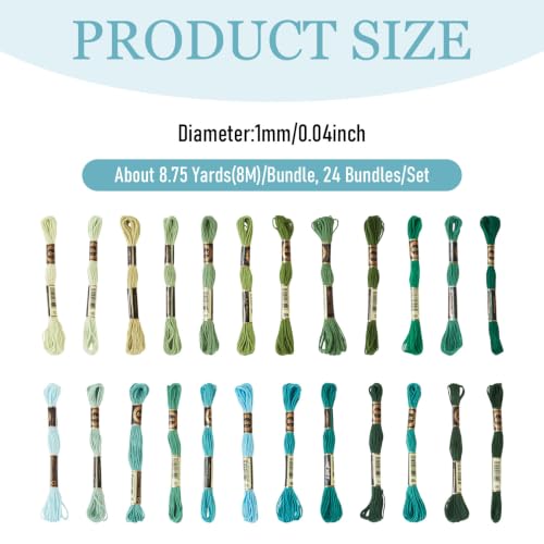 FASHEWELRY 24 Skeins Embroidery Floss Thread 1mm Cross Stitch Thread Yarn - color: 24 Colors-Green, size: 1mm