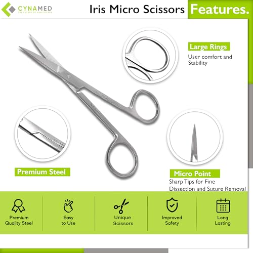 Cynamed Iris Micro Dissecting Precision Lab Scissors, Fine Point Straight - Perfect for Doctors, Nurses, EMS, Students, Education & Training and More (Pack of 5)