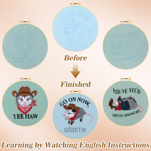 Mindsoft 3 Set Needlepoint Kit for Beginners with Hoop,Cowboy Possum - style: Cowboy Possum