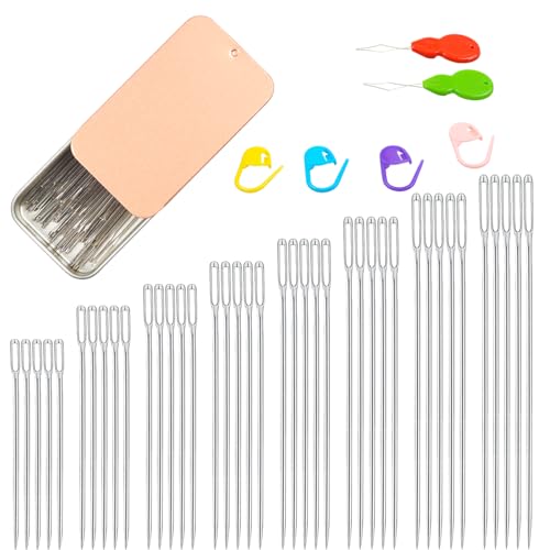 40PC Large & Medium Eye Sewing Needles - 8 Sizes, Embroidery & Leather, Stainless Steel Yarn Needles with Threaders & Stitch Markers (Rose Gold) - color: Rose Gold