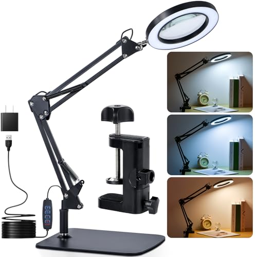 Magnifying Glass with Light and Stand, 3 Color Mode & 10 Dimmable Levels, Hands Free Lighted Magnifier with Clamp, LED Magnifying Desk Lamp for Close Work, Reading, Crafts, Painting Miniatures