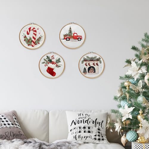 LB Christmas Embroidery Kit for Adults, 4Pc Christmas Embroidery Kits for Beginners with Red Truck, DIY Hand Cross Stitch Kit Holiday Gifts Ornaments Decorations - color: Red