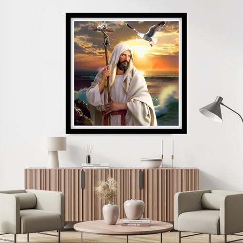 Fanxvivy Counted Cross Stitch Kits for Adults 11CT Unprinted Cross-Stitch Patterns Embroidery Kits Easy Cross Stitching Needlepoint Kits&Jesus by the Sea 18x18 inch - color: DIY-craft09