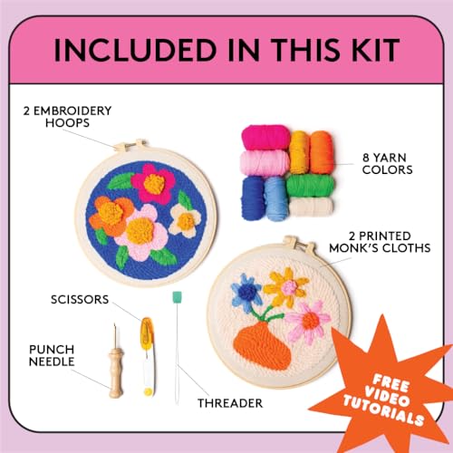 SPINNY Punch Needle Kit, Two Large Floral Designs w/ 2 Embroidery Hoops, Includes Beginner Video Tutorials and Instructions, Beginner Punch Stitch for Adults, Complete Kit for Crafters