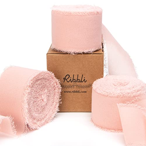 Ribbli Blush Pink Chiffon Ribbon - 1-1/2 inch x 30 Yard Handmade Fringe, Perfect for Wedding Invitations, Bridal Bouquets & Flower Arrangements - color: Blush Pink