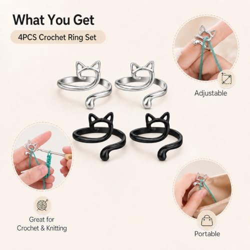 4Pcs Crochet Ring for Finger Adjustable Yarn Tension Ring Knitting Loop Yarn Guide Thimbles Holder Crochet Accessories and Gadgets Gifts for Crocheters Women Mom