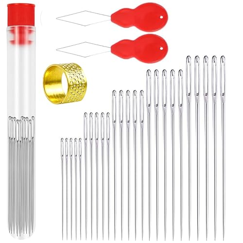 25PCS Large Eye Sewing Needles, 5 Sizes Steel Needles for Hand Sewing, Leather Needles, Stainless Steel Yarn Knitting Needles with Threaders for Handsewing Art Crafts