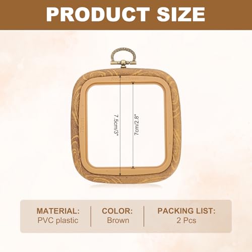 PATIKIL 2 Pieces 2.8" x 3" Square Embroidery Hoops Frame Round Imitated Wood Circle Cross Stitch Hoop Ring for Embroidery Art Craft Handy Sewing Decoration, Brown - size: 2.8" x 3"