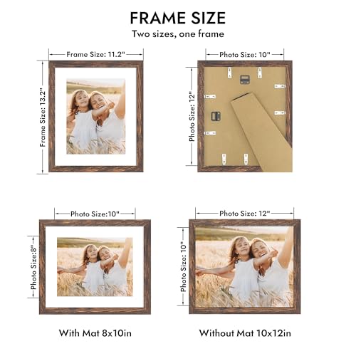Hongkee 10x12 Picture Frame with Real Glass Wood Frame, 1 Pack (Mat 8x10) - color: Rustic Brown, size: 10X12 in
