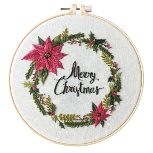IUHUI Embroidery Kit for Beginners Adults - Merry Christmas Easy Patterns, DIY Hand Stitching Embroidery Set with Hoop (Christmas Wreath) - color: Christmas Wreath