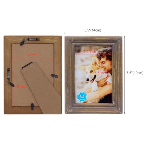 CVHOMEDECO. 4x6 Picture Frame Made of Solid Wood High Definition Glass Rustic Antique Designs Small Photo Frame for Tabletop Display and Wall Mounting, Distress Brown - color: Distress Brown B, size: 4" X 6"