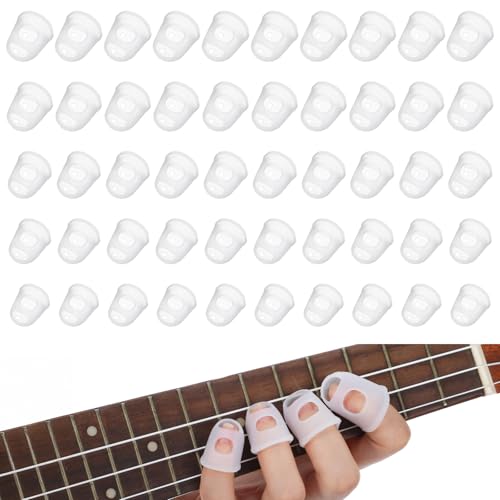 Piriuuo 50 Pcs Guitar Finger Covers, Silicone Finger Tip Protectors Anti-Slip & Breathable Silicone Guitar Fingers Guards for Guitars Playing, Ukulele Bass, and Sewing (5 Sizes, White)